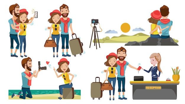 Couple travel. the honeymoon concept with sweetness. traveling to various places.