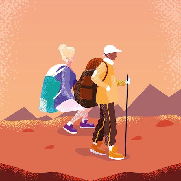 Couple traveler in landscape avatar character