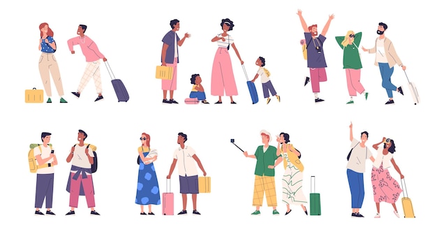 Vector couple travelers with suitcase family tourist characters in travel trip summer vacation student young friends happy tourism people traveler lifestyle classy vector illustration