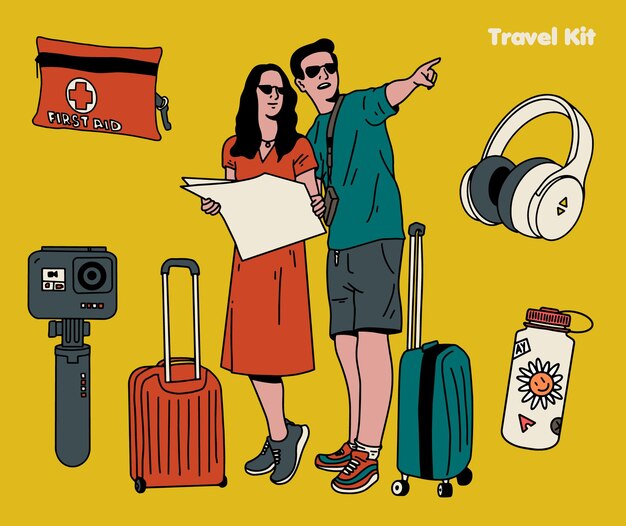 Vector couple traveling equipment vector illustration