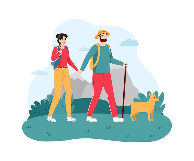 Пара путешествует с собакой. Молодой мужчина и женщина, походы или треккинг на природе с палкой.