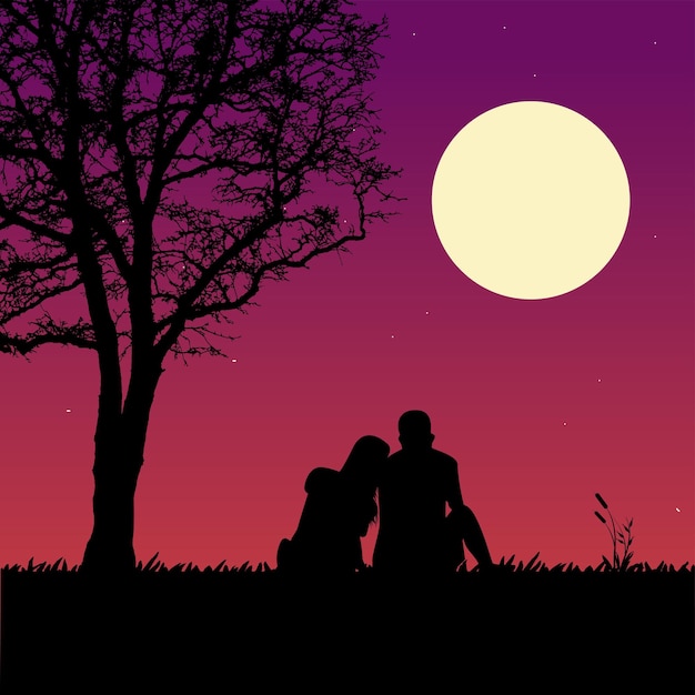 Vector couple under a tree and moonlight silhouette