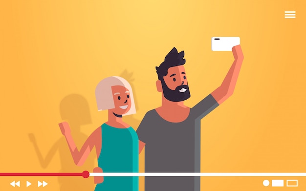 Vector couple using cellphone man woman taking selfie photo on smartphone camera live video streaming broadcast social media networking concept portrait horizontal