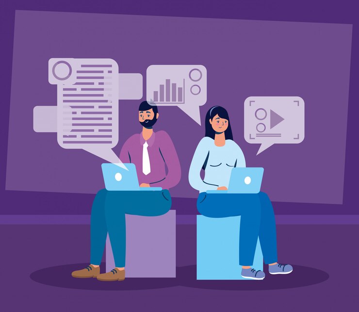 Vector couple using laptop technology characters 