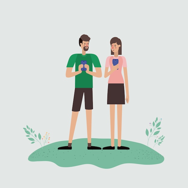 Vector couple using smartphone characters in the field