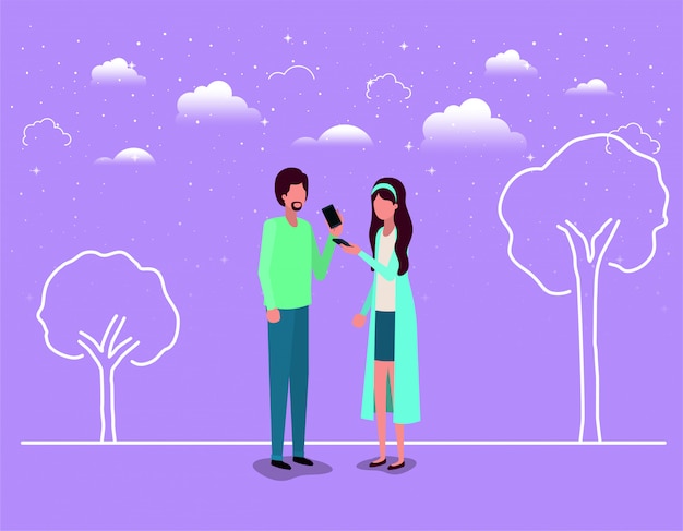 Vector couple using smartphone in the field