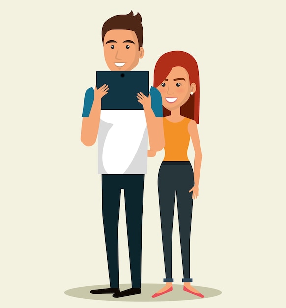 Vector couple using smartphone icon