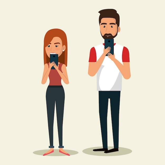 Vector couple using smartphone icon