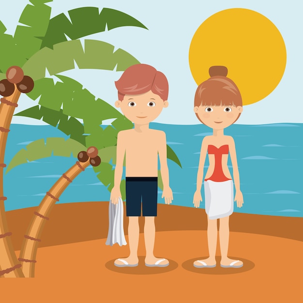 couple on vacation in beach isolated icon design