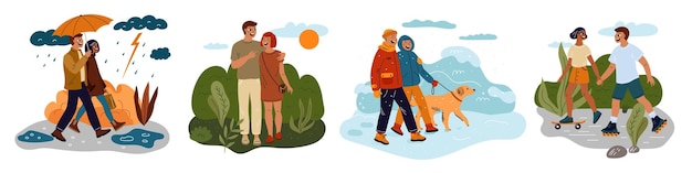 Couple various weather walking cute funny people in different seasons happy man and woman in casual seasonal clothes guys and girls in love romantic park stroll young families garish vector set