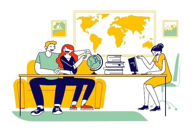 Couple visiting travel agency buying tour and going on holiday vacation around world journey or inside country traveling, local tourism. cartoon flat illustration