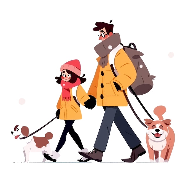 Вектор Пара гуляет с маленькой собачкой зимой