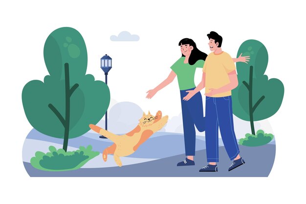 Couple Walking With Cat In Park