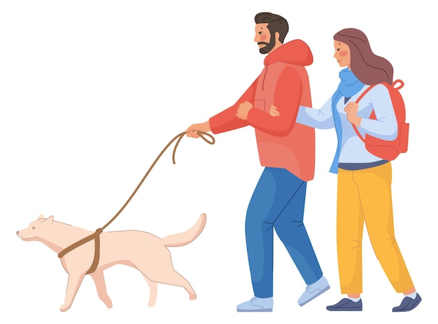 Couple walking with dog on leash Happy man and woman outdoor