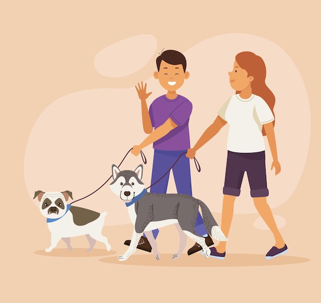 Couple walking with dogs