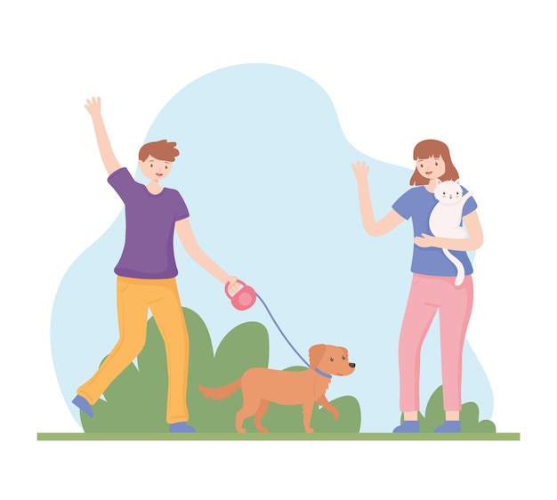 Couple walking with pets