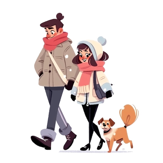 couple walking with a small dog in winter