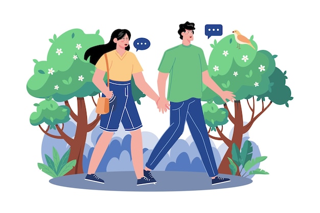 Vector couple walking in the woods illustration concept on white background