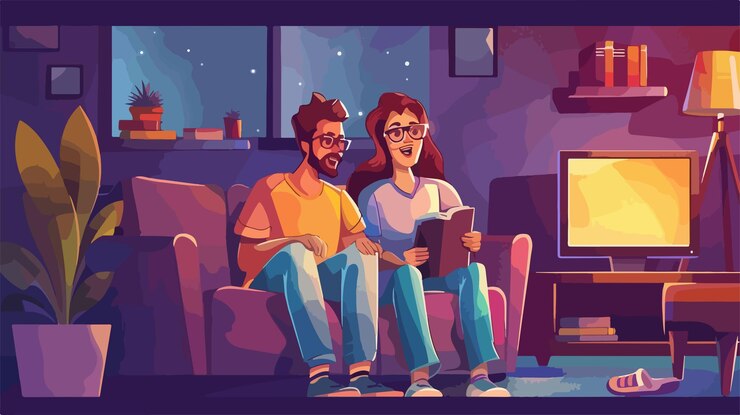 Vector couple watching movie man and woman in glasses
