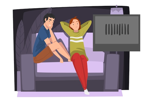 Couple Watching Movie Together While Sitting on Couch Young Man and Woman Relaxing at Home Vector Illustration