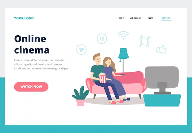 Couple watching movie. young man and woman watch movies at home. online cinema service business landing page vector concept