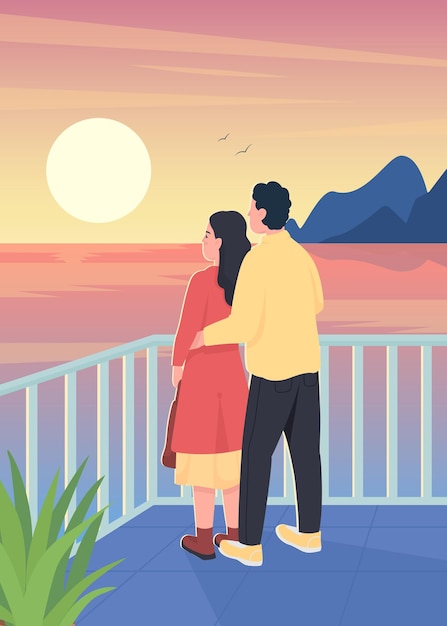 Vector couple watching romantic sunset flat color illustration. man hug woman from behind. dating, spending time together. boyfriend and girlfriend cartoon characters with landscape on background