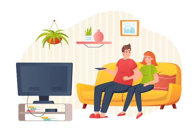 Couple watching TV at home flat concept people scene Man and woman sitting on sofa and switches