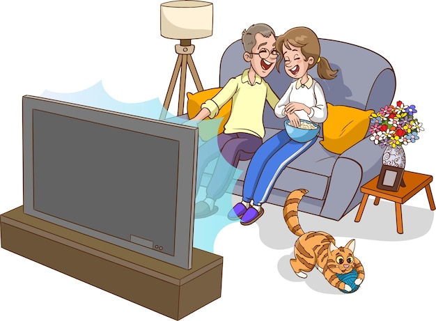 A couple watching tv with a cat on the floor