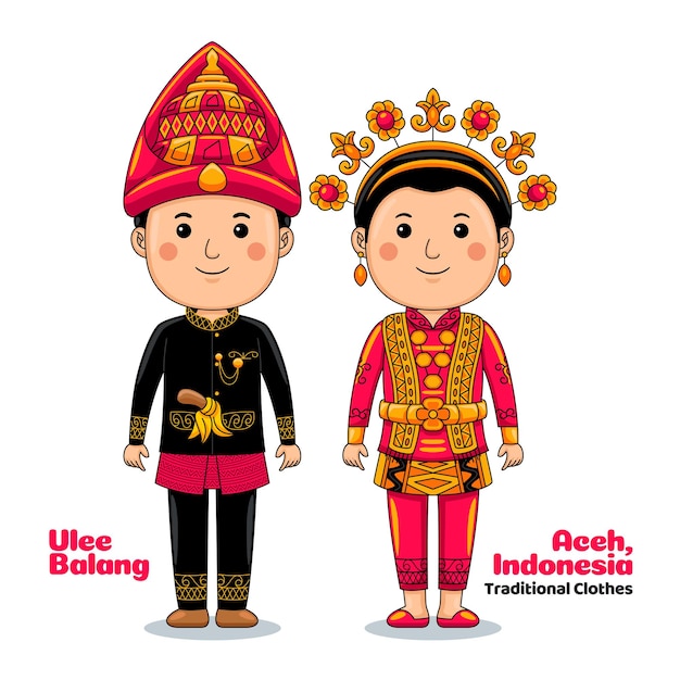 Vector couple wear ulee balang, aceh, sumatra, indonesian traditional clothes