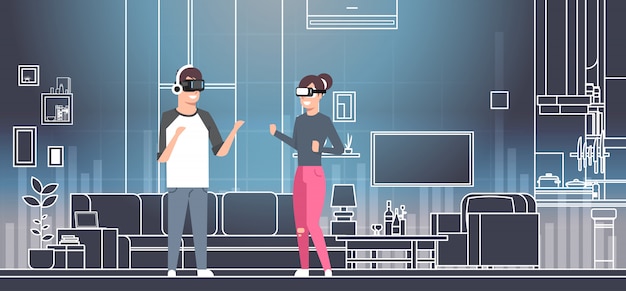 Couple Wearing 3d Glasses In Vr Room Interior Virtual Reality Technology Concept