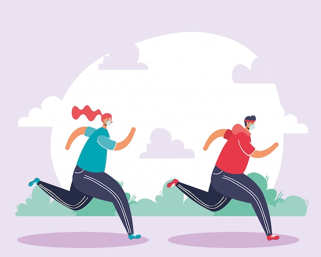 Vector couple wearing medical mask running sport in the park