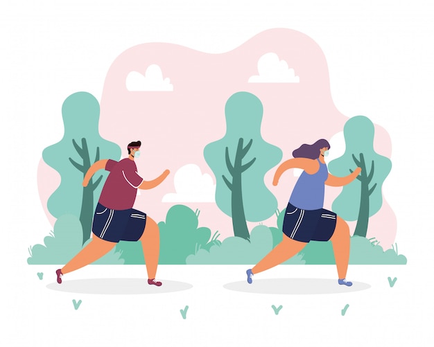 Vector couple wearing medical mask running sport in the park