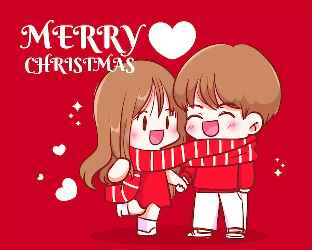 Пара в шарфе вместе и держась за руки на праздновании рождественских праздников рисованной иллюстрации шаржа