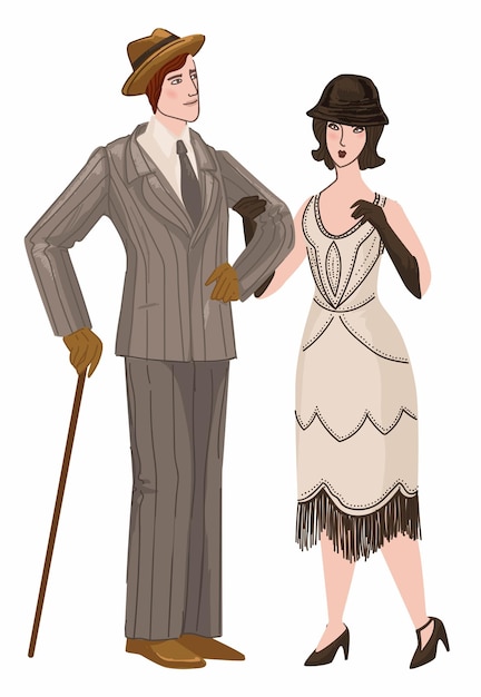 Vector couple wearing traditional retro vintage clothes