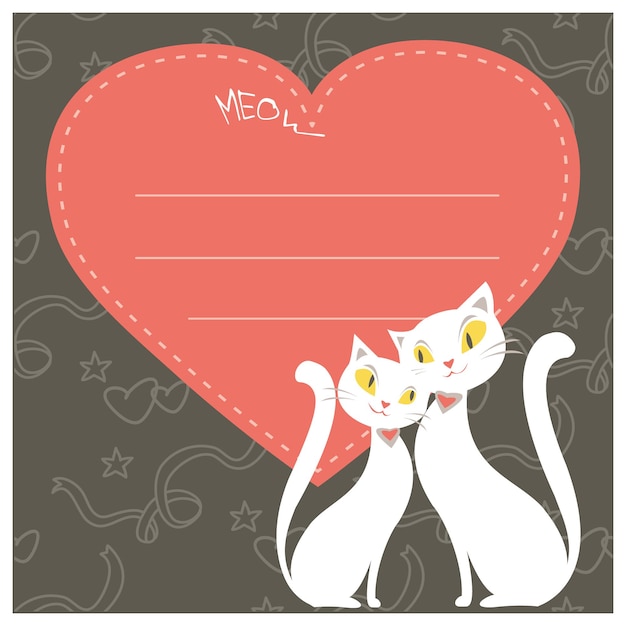 Couple of white cats and red heart greeting card or banner vector illustration