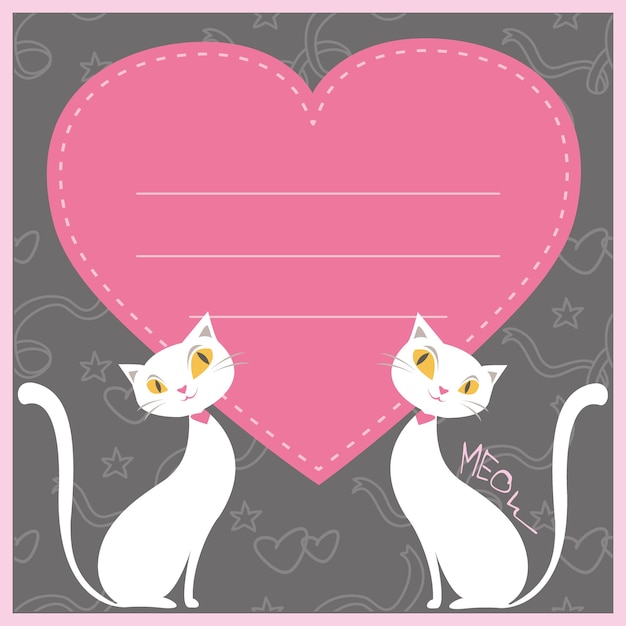 Couple of white cats and red heart greeting card or banner vector illustration