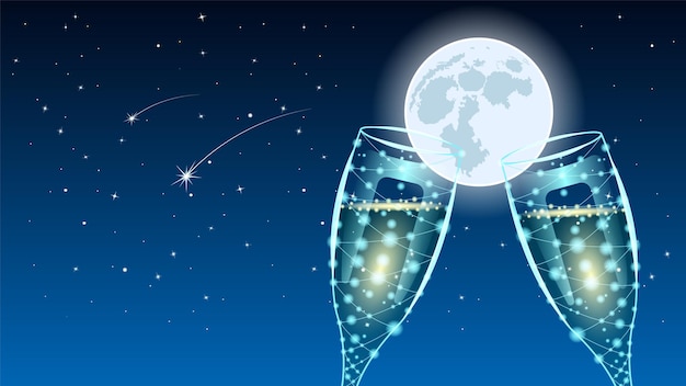 Couple wineglasses under the moon background