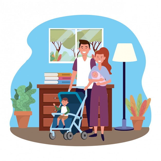 Vector couple with baby carriage