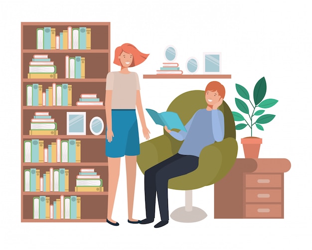 Couple with book in livingroom avatar character