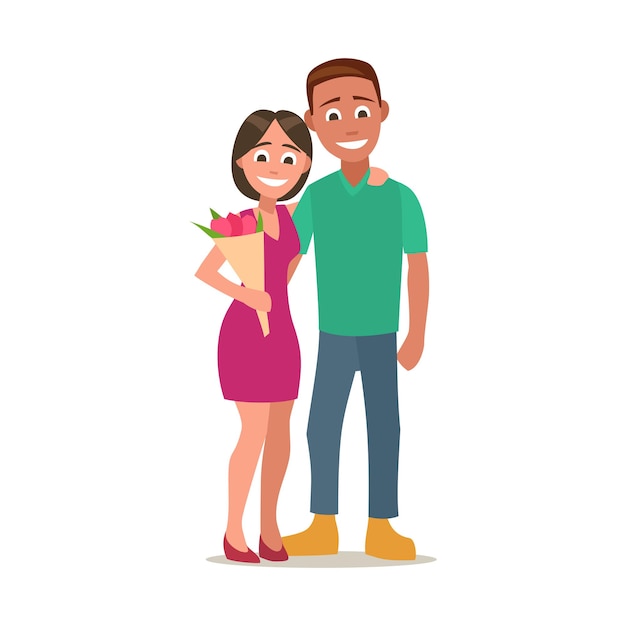 Couple with bouquet of flowers. color flat vector illustration isolated on white background.