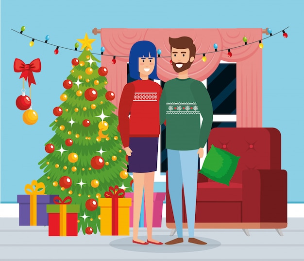 Vector couple with december clothes in the livingroom