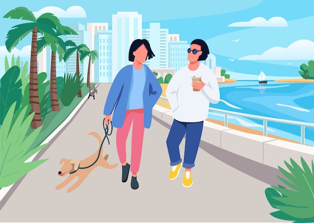 海岸沿いのフラットカラーイラストを歩いている犬とカップルします。トロピカルリゾートの町での夏のレクリエーション。