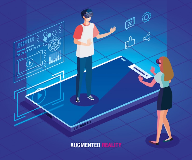 Vector couple with glasses of reality augmented and smartphone