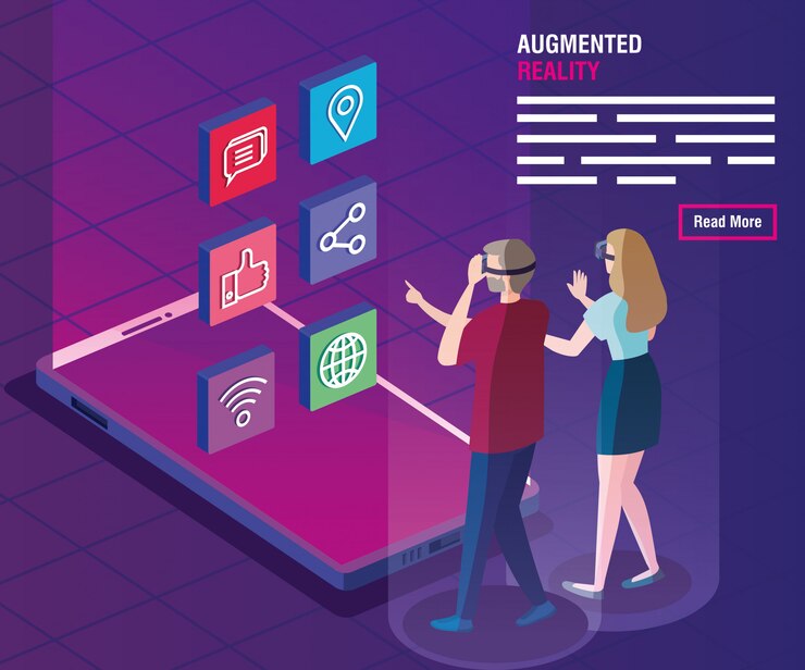 Vector couple with glasses of reality augmented and smartphone