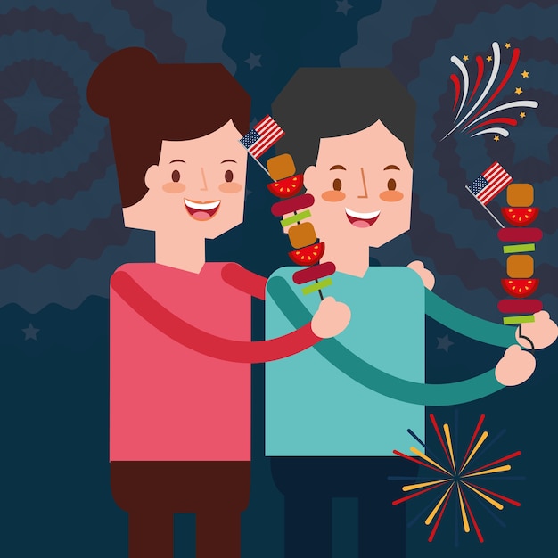 Vettore coppia con spiedini e fuochi d'artificio per la festa dell'indipendenza americana