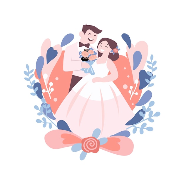 Couple with lovely wedding in flat style isolated on background