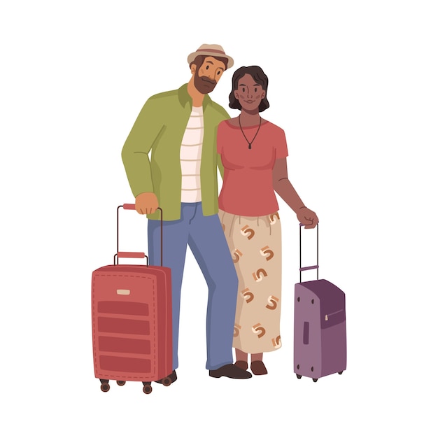 Пара с багажом мужчина и женщина путешествуют