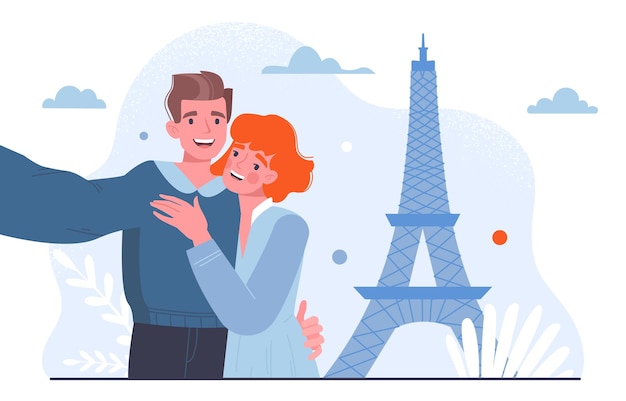 Coppia con il concetto di selfie turistico uomo e donna vicino alla famiglia felice della torre eiffel con lo smartphone