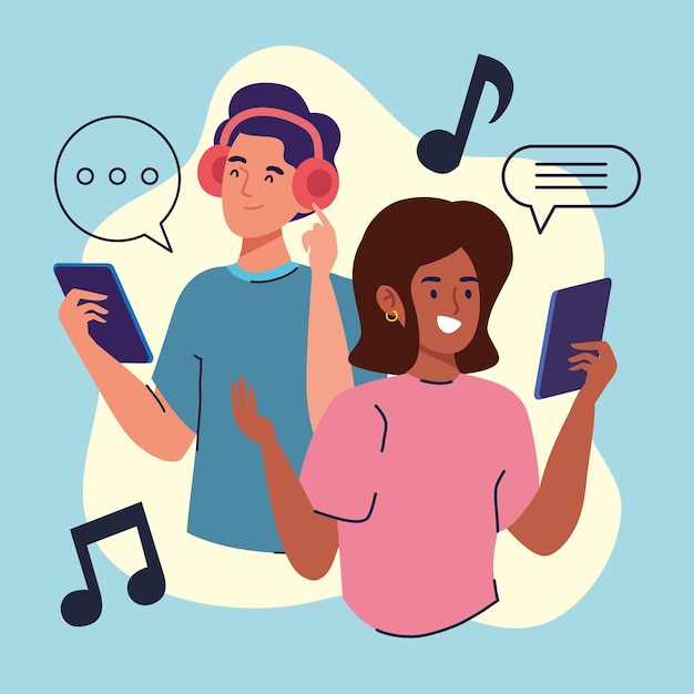 Vector couple with smartphones listening music