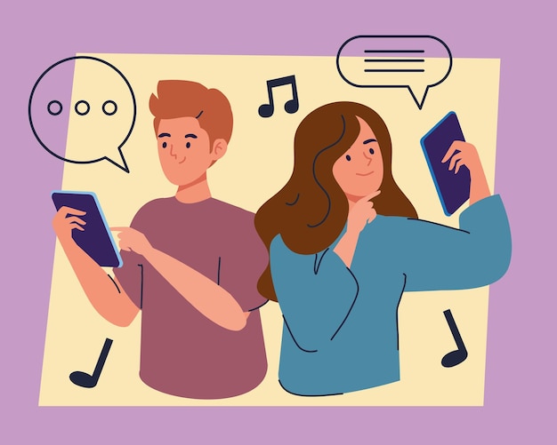 couple with smartphones and speech bubbles